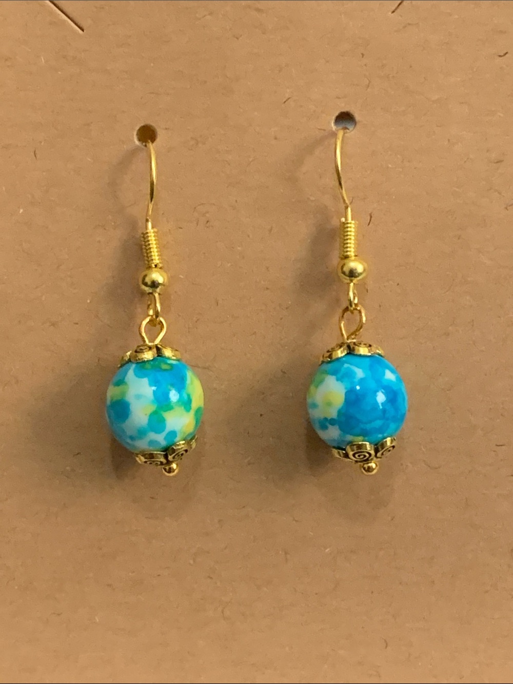 Handmade blue/white/yellow bead earrings